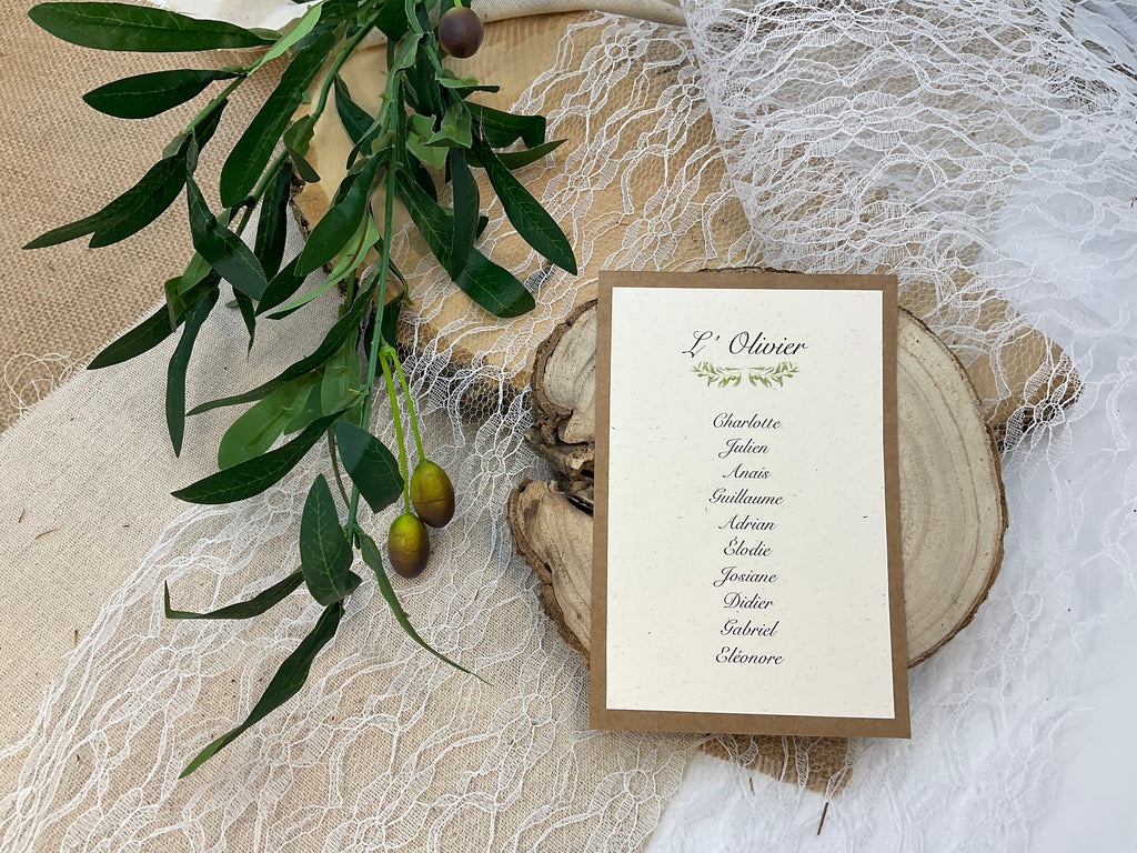 Plan de table sous forme de listing invités en papier kraft à poser sur la table de mariage