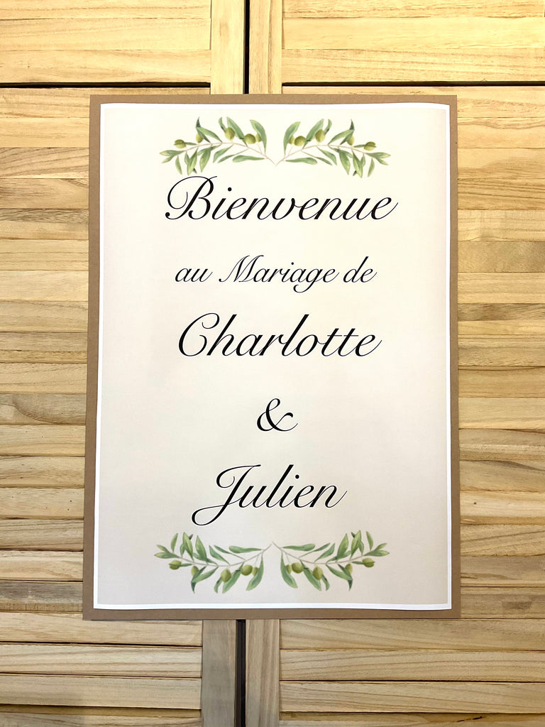 Affiche de mariage. Affiche de bienvenue. Panneau de bienvenue. Mariage nature et champêtre. Illustration feuilles d'olivier